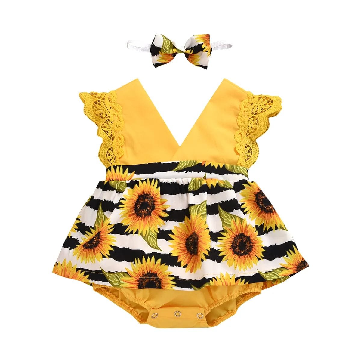 Sunflower-patterned baby romper with yellow lace details and matching headband on a white background