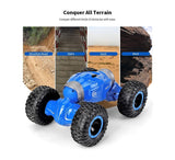 Blue toy vehicle with large black tires on a white background, demonstrating its ability to conquer various terrains.