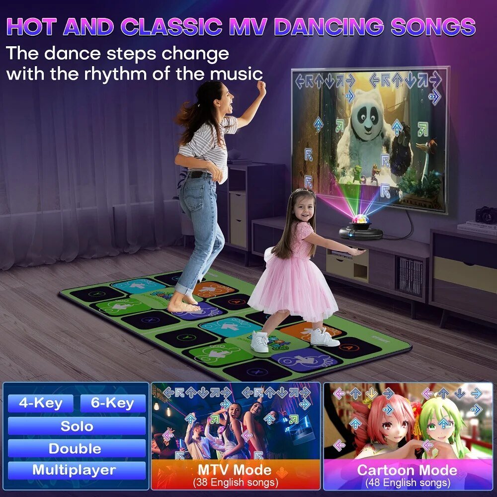 Two children dancing on a interactive dance mat with a TV screen displaying cartoon characters in the background.