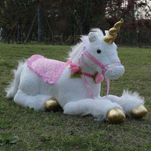 85cm Jumbo White Unicorn Plush giant stuffed animal with pink saddle for kids cuddling, nursery decor, and gifting.