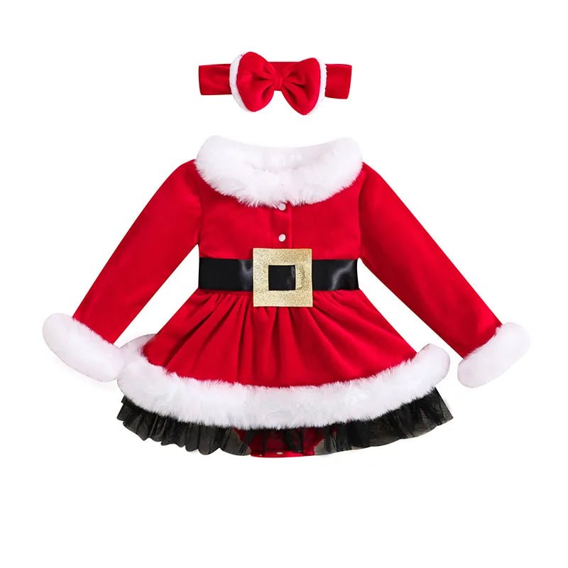 Red Santa Claus dress with white fur trim and matching headband on a white background