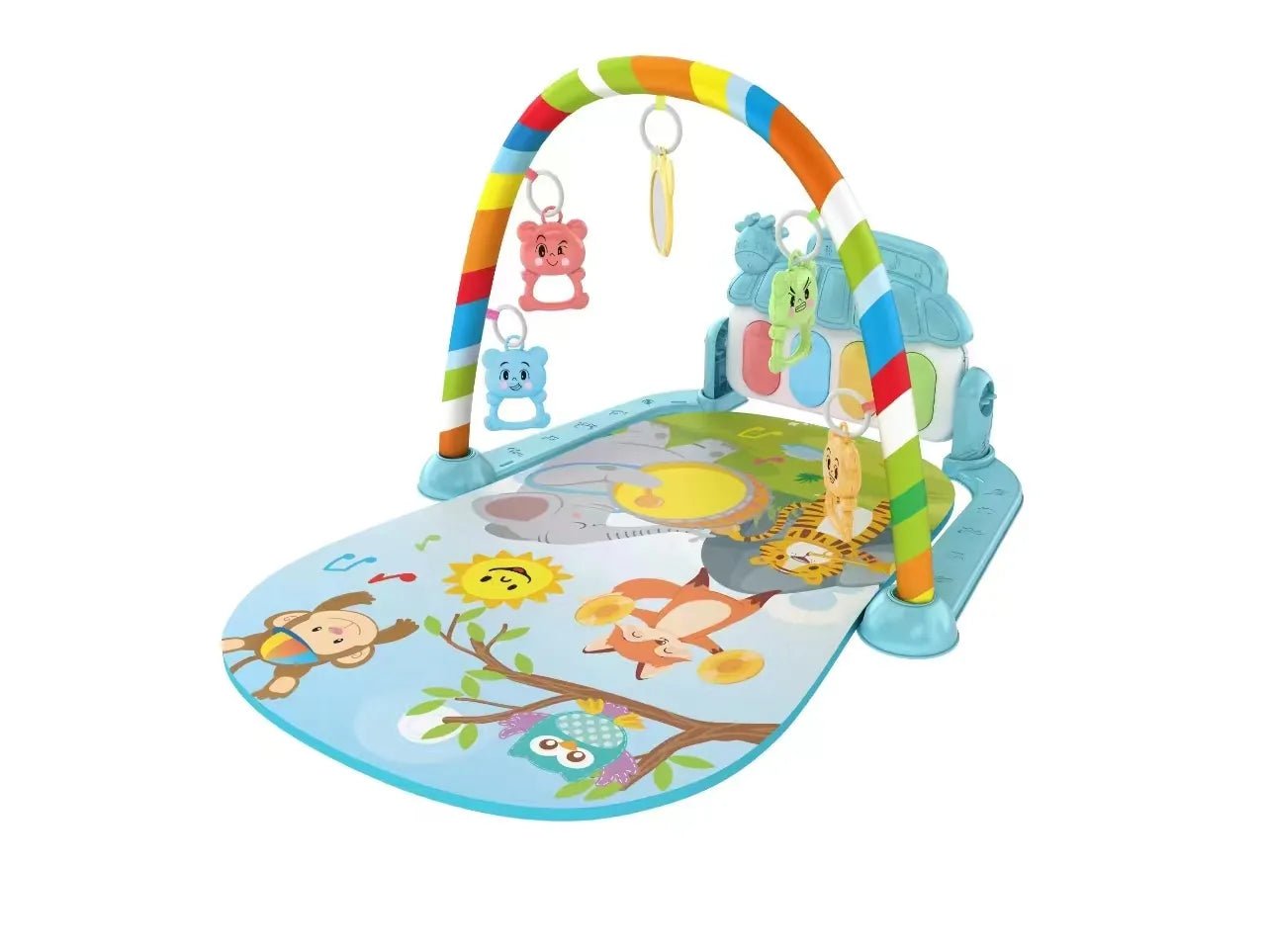 Baby play mat with colorful arch and animal illustrations on a white background