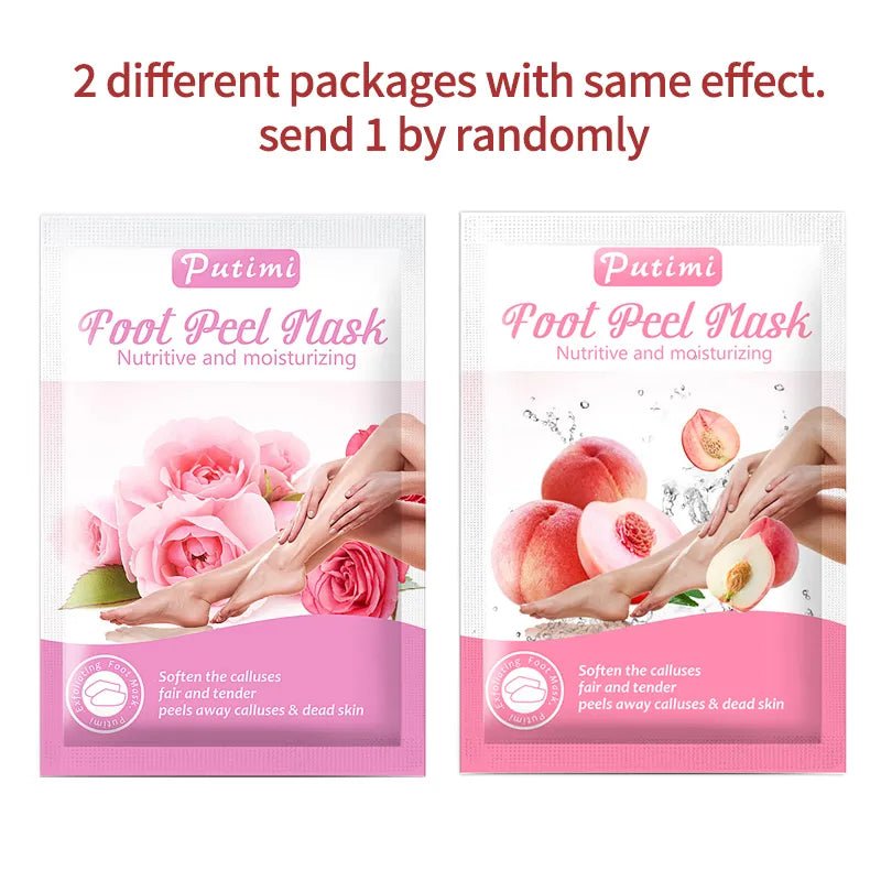 Two packages of Putimi Foot Peel Mask with floral and fruit imagery on a white background.