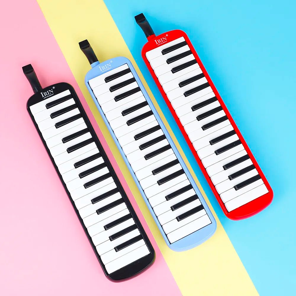 Four colorful melodiums on a multicolored background