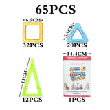 Set of colorful magnetic shapes with measurements and packaging on a white background