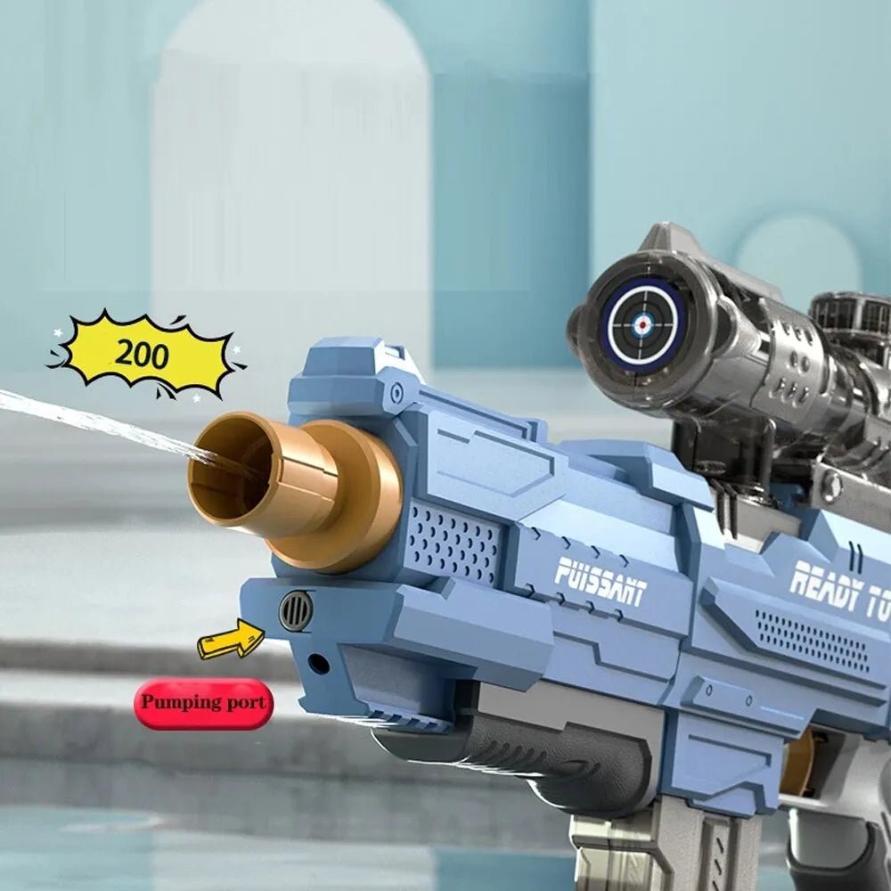 Toy gun with detailed features and text on a blurred background