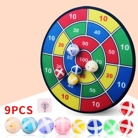 Colorful dartboard game with darts on a beige background