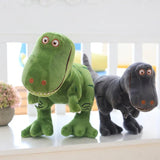 Two plush toy dinosaurs, one green and one gray, on a light surface with a blurred indoor background.