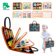 Educational toy set with colorful compartments and a child holding a similar bag.