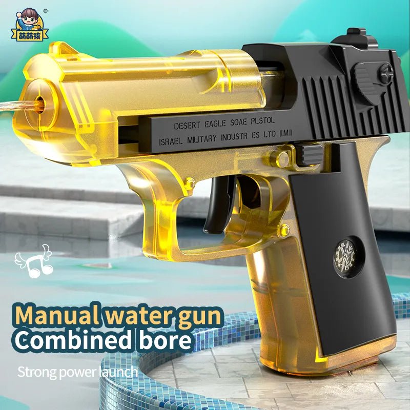 Gold and black water gun with transparent barrel on a poolside background