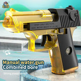 Gold and black water gun with transparent barrel on a poolside background