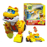 Toy figure with a yellow and orange color scheme, including a vehicle component, on a white background.
