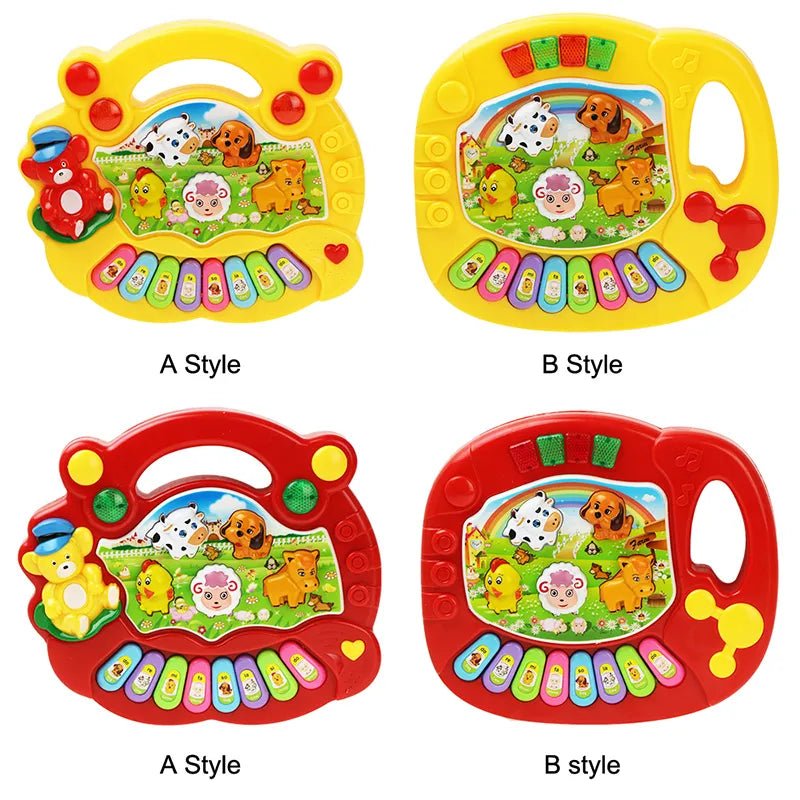 Two styles of children's toy pianos with colorful designs and animal illustrations on a white background.