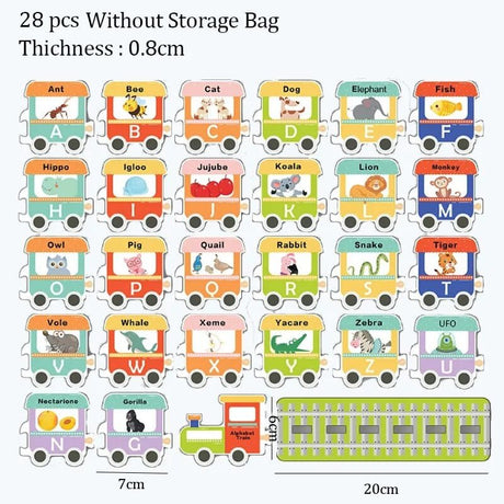 Educational train-themed puzzle with animals and letters on a white background