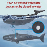 Toy whale with water-resistant feature and washing instructions on a blue background