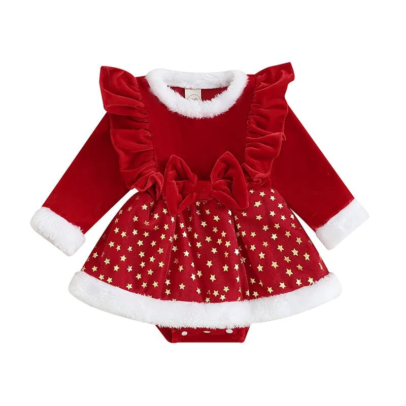 Red baby dress with white stars and ruffles on a white background