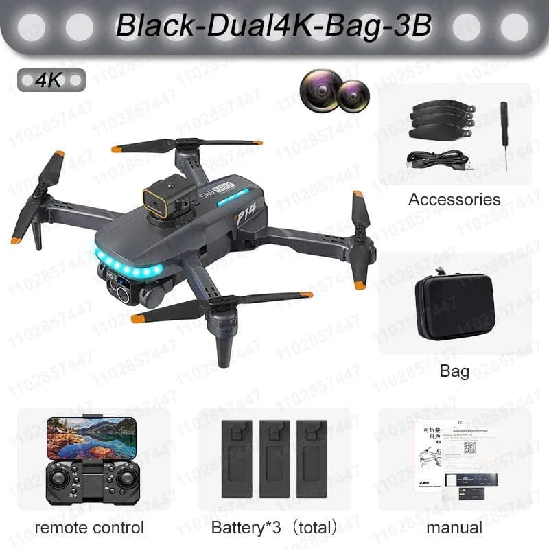 Black dual 4K drone with accessories, remote control, batteries, and manual on a white background.