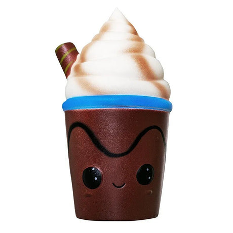 Chocolate ice cream cone with a face on a white background