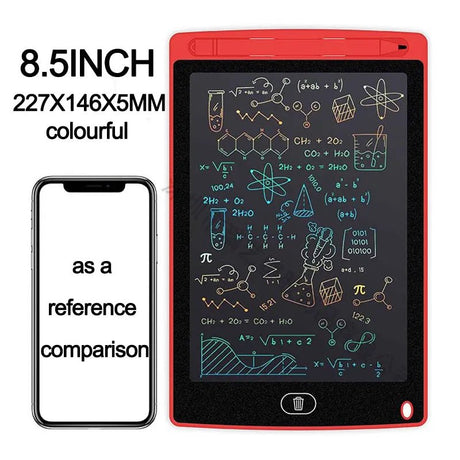 8.5-inch electronic writing pad with reference smartphone for size comparison on a white background