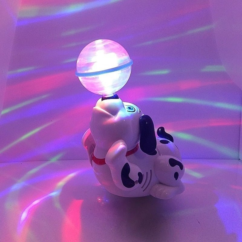 Toy dog with a glowing ball on top, emitting colorful light patterns.