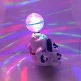 Toy dog with a glowing ball on top, emitting colorful light patterns.