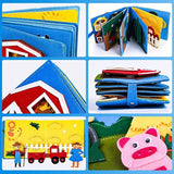 Collage of a colorful children's book with farm-themed illustrations and a pig character.