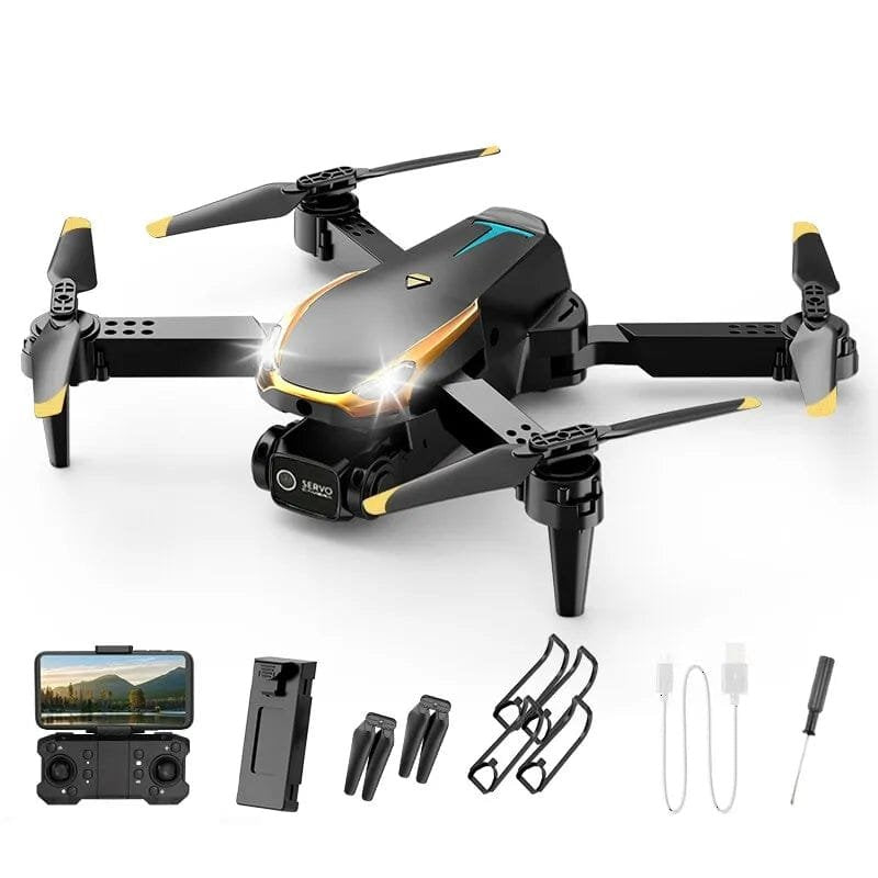 8K Pro Drone black and yellow quadcopter kit with accessories for aerial photography and remote control flying sessions.