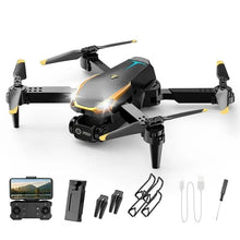 8K Pro Drone black and yellow quadcopter kit with accessories for aerial photography and remote control flying sessions.