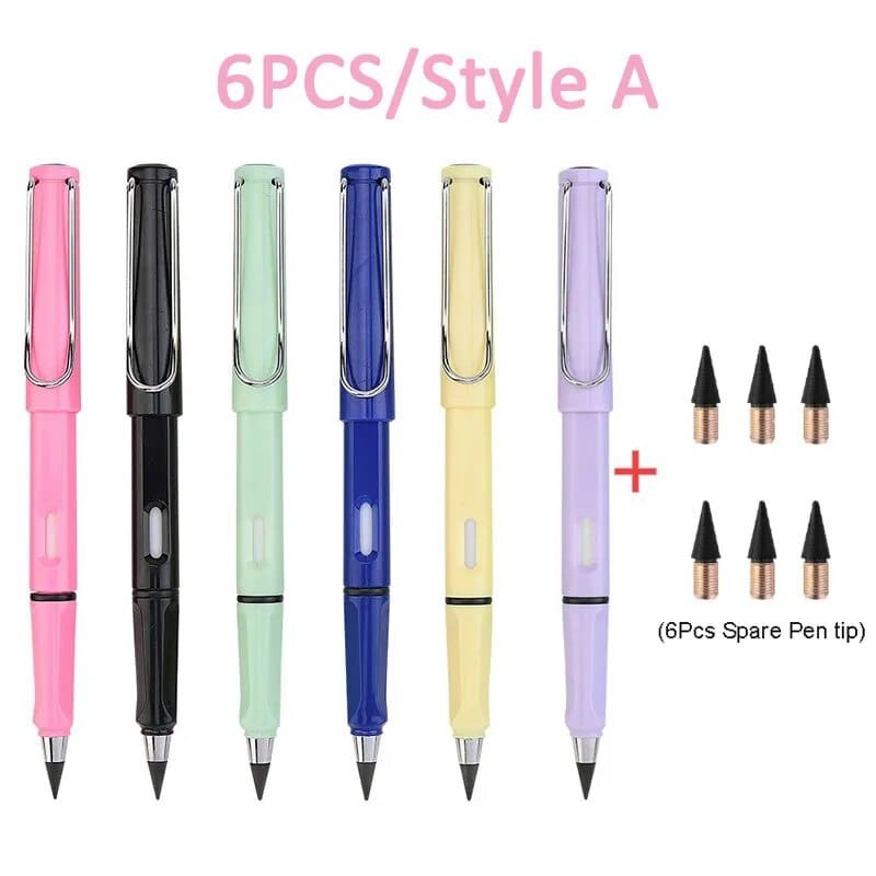 Set of six colorful pens with spare pen tips on a white background