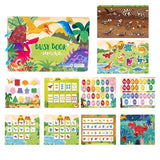 Collection of children's educational books and activities with dinosaur theme