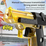 Gold and black gun with text about manual continuous transmission and power output.