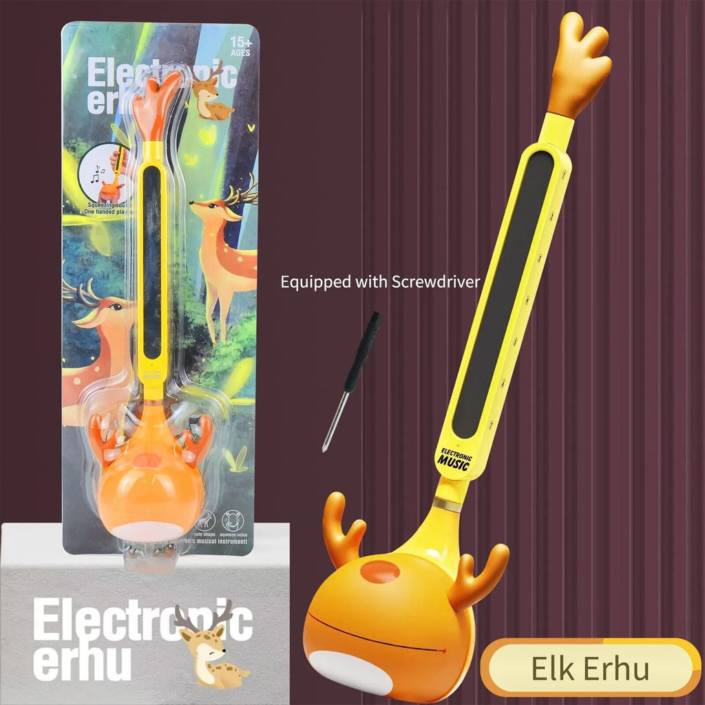 Elk-shaped electronic erhu with packaging on a dark background