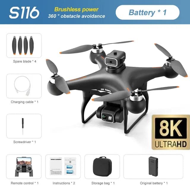 S116 8K Drone - Brushless Motor, Obstacle Avoidance, Dual Cam, 50x Zoom Quadcopter - Black Double 8K image