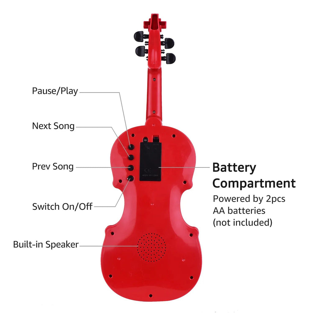 Red electronic violin with labeled features on a white background