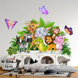 Wall decal of cartoon animals and butterflies on a wall above a bed.