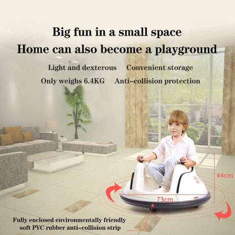 Child playing on a small vehicle in a modern living room with text highlighting features.