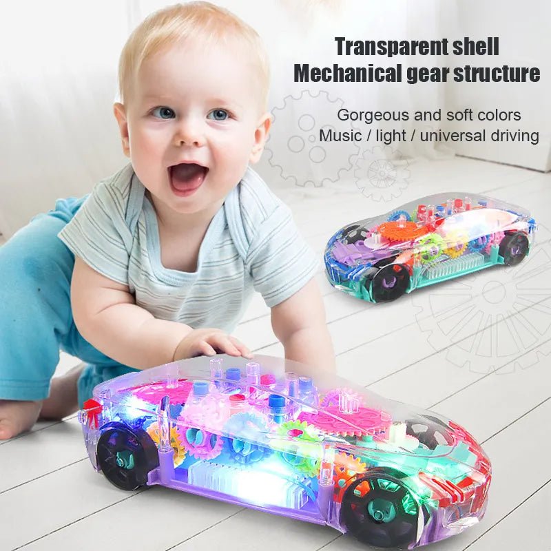 Child playing with a transparent toy car on a light-colored floor.