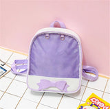 Purple backpack with a bow on a pink and white checkered background