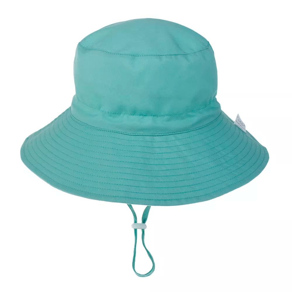 Turquoise bucket hat with a strap on a white background