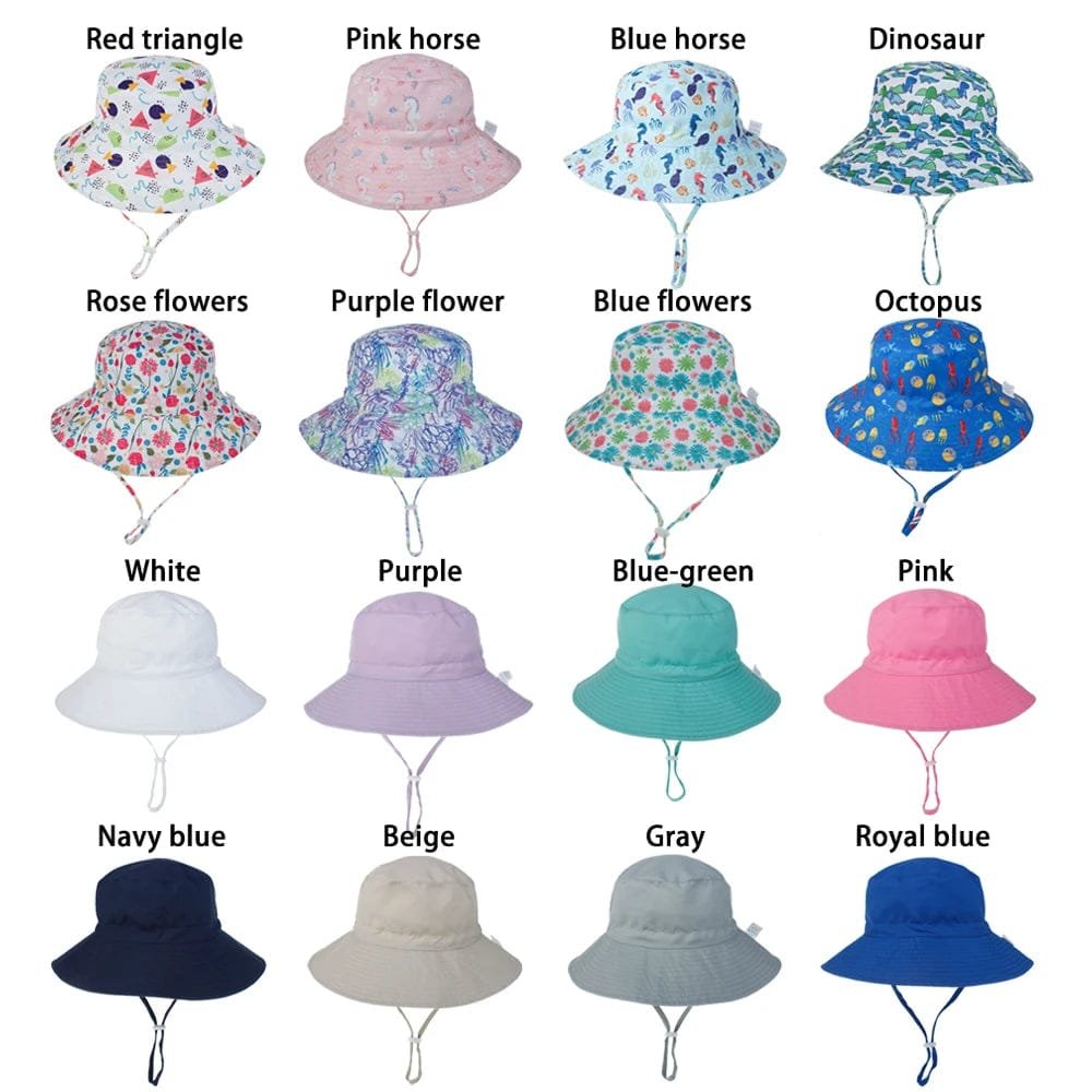 Collection of colorful children's bucket hats in various patterns and colors on a white background.