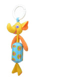 Colorful elephant-shaped baby toy with a blue ring on a white background