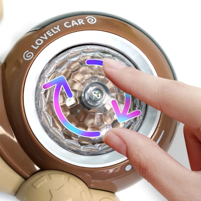 Hand holding a toy car with a clear hub and colorful arrows pointing to it, branded 'Lovely Car'.