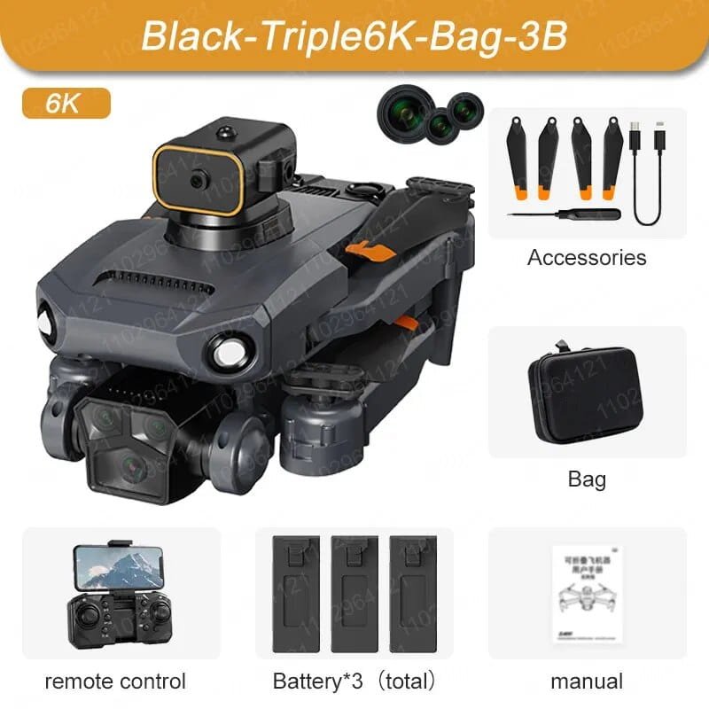 Black drone with accessories, remote control, batteries, and manual on a white background