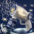 Bubble gun with bubbles and a bottle labeled 'JOA' on a dark background