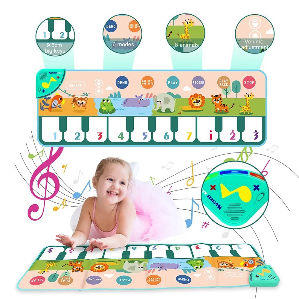 Children's musical toy piano mat with cartoon animals and a smiling child playing it.