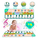 Children's musical toy piano mat with cartoon animals and a smiling child playing it.