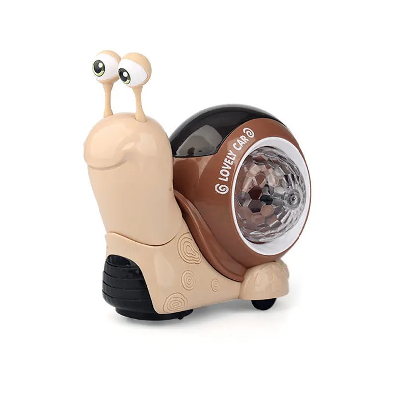 Snail-shaped toy with a brown shell and beige body on a white background