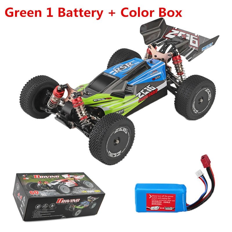RC car with green battery and color box on a white background