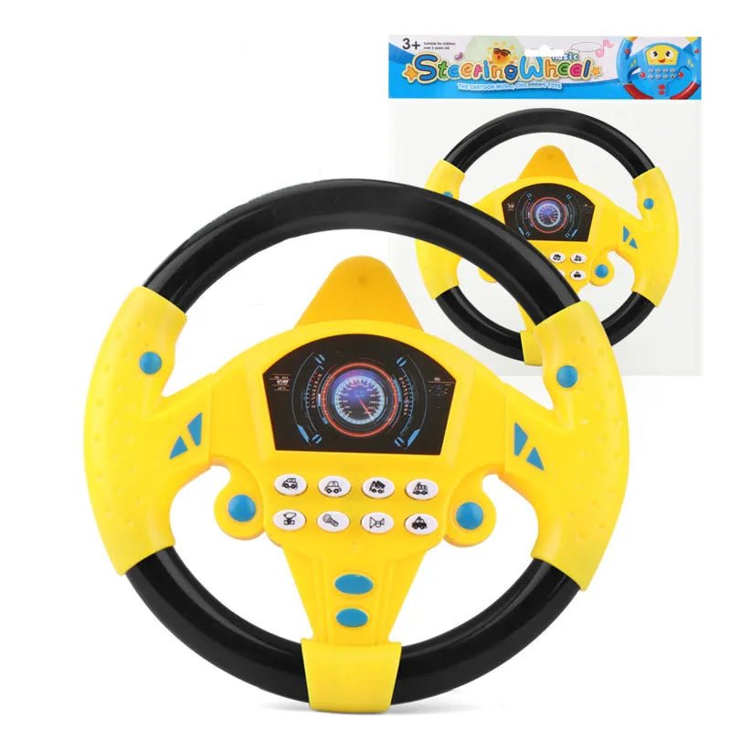 Yellow toy steering wheel with black rim on a white background