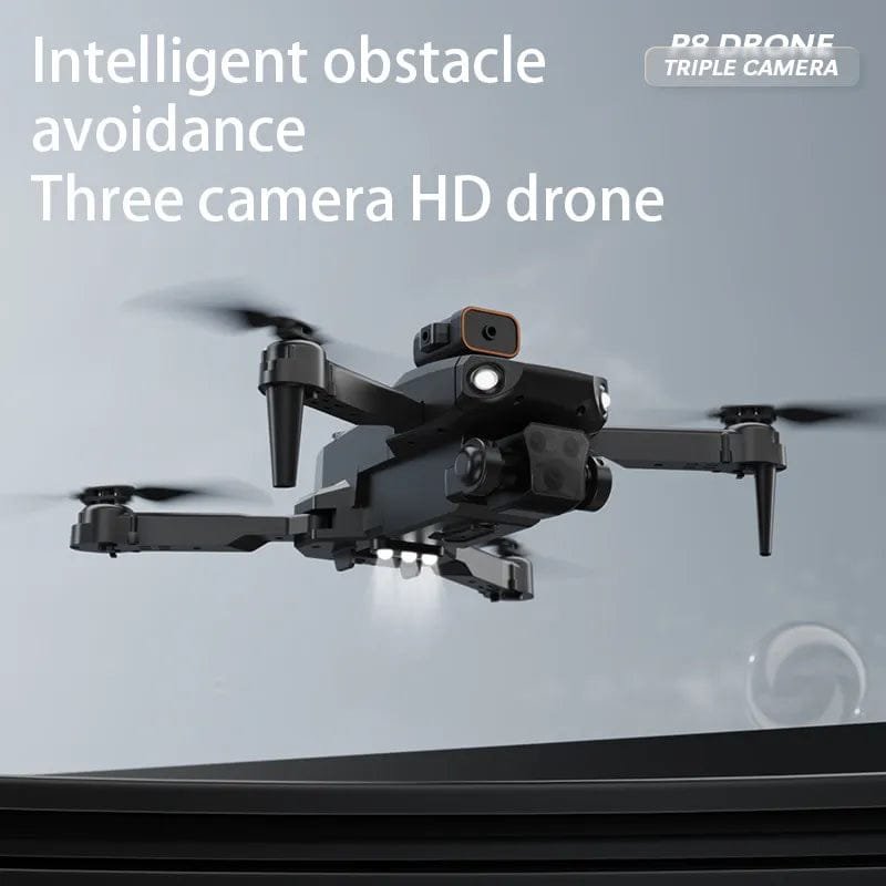 Three-camera HD drone with intelligent obstacle avoidance feature on a clear background